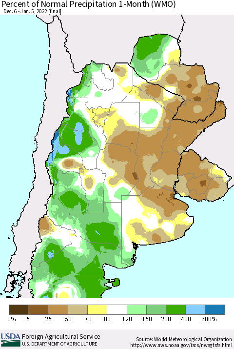 Southern South America Percent of Normal Precipitation 1-Month (WMO) Thematic Map For 12/6/2021 - 1/5/2022
