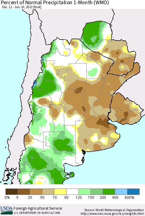 Southern South America Percent of Normal Precipitation 1-Month (WMO) Thematic Map For 12/11/2021 - 1/10/2022