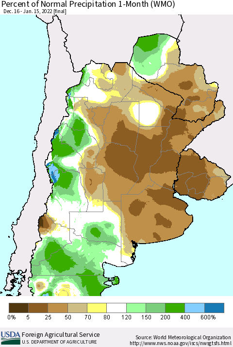 Southern South America Percent of Normal Precipitation 1-Month (WMO) Thematic Map For 12/16/2021 - 1/15/2022
