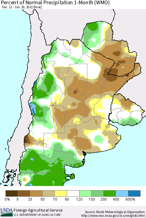 Southern South America Percent of Normal Precipitation 1-Month (WMO) Thematic Map For 12/21/2021 - 1/20/2022