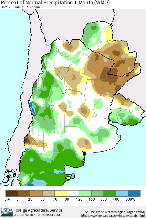 Southern South America Percent of Normal Precipitation 1-Month (WMO) Thematic Map For 12/26/2021 - 1/25/2022