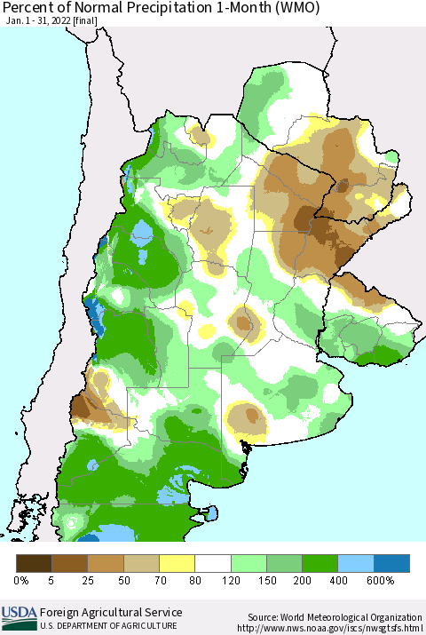 Southern South America Percent of Normal Precipitation 1-Month (WMO) Thematic Map For 1/1/2022 - 1/31/2022