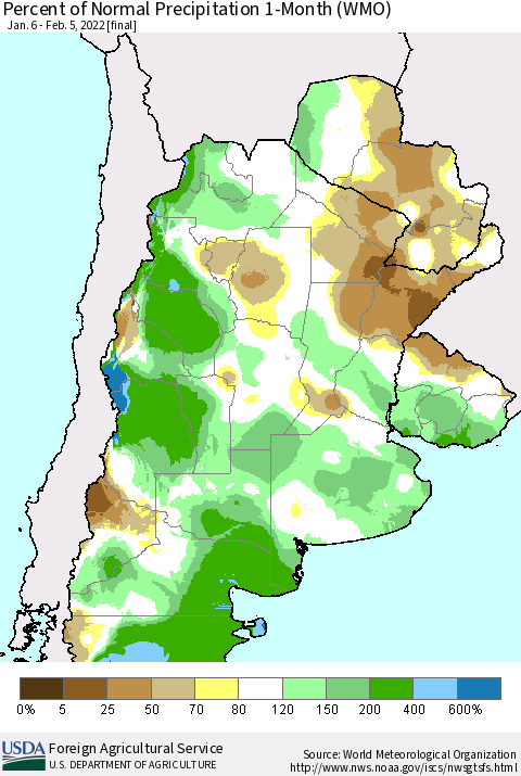 Southern South America Percent of Normal Precipitation 1-Month (WMO) Thematic Map For 1/6/2022 - 2/5/2022