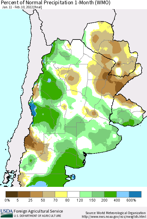 Southern South America Percent of Normal Precipitation 1-Month (WMO) Thematic Map For 1/11/2022 - 2/10/2022