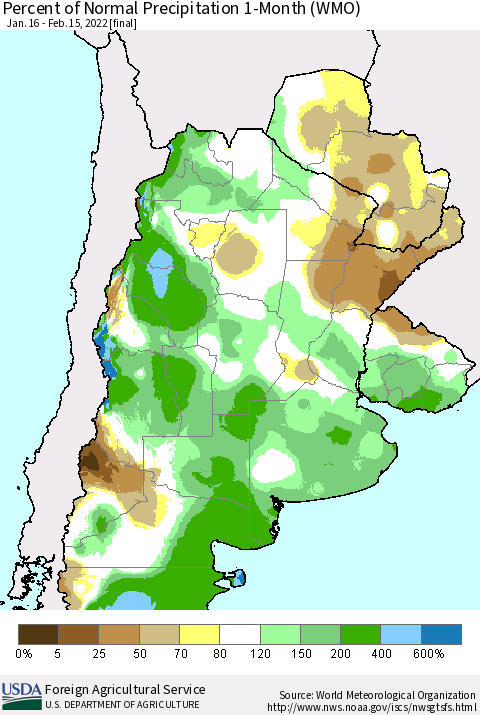 Southern South America Percent of Normal Precipitation 1-Month (WMO) Thematic Map For 1/16/2022 - 2/15/2022