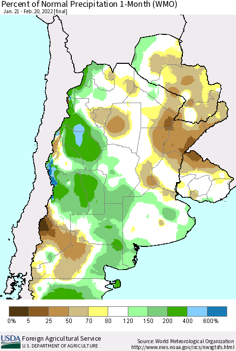 Southern South America Percent of Normal Precipitation 1-Month (WMO) Thematic Map For 1/21/2022 - 2/20/2022