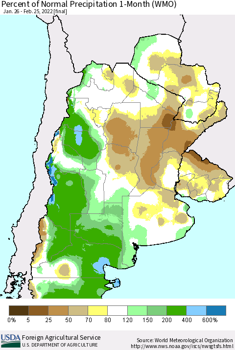 Southern South America Percent of Normal Precipitation 1-Month (WMO) Thematic Map For 1/26/2022 - 2/25/2022
