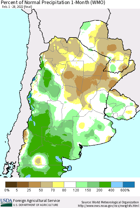 Southern South America Percent of Normal Precipitation 1-Month (WMO) Thematic Map For 2/1/2022 - 2/28/2022