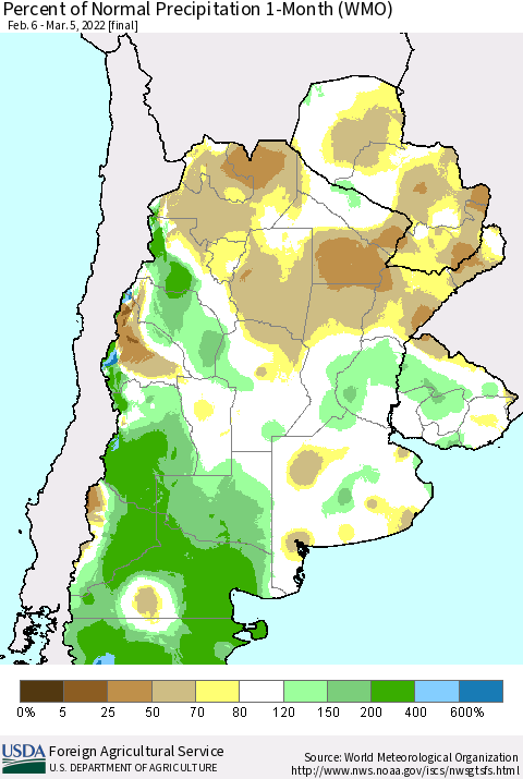 Southern South America Percent of Normal Precipitation 1-Month (WMO) Thematic Map For 2/6/2022 - 3/5/2022