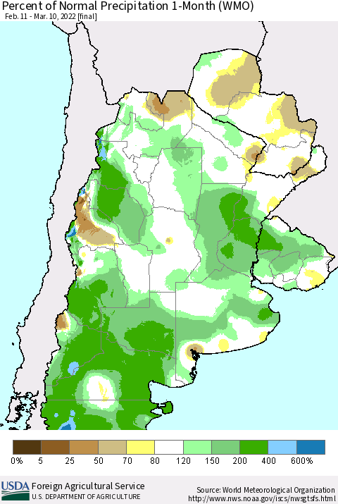 Southern South America Percent of Normal Precipitation 1-Month (WMO) Thematic Map For 2/11/2022 - 3/10/2022