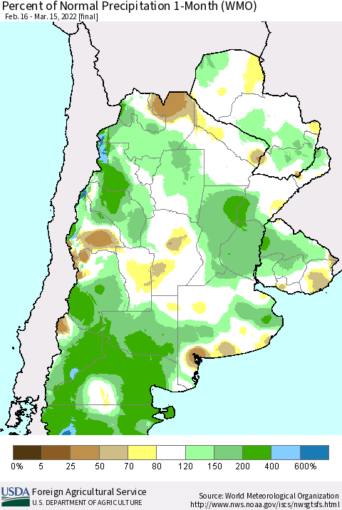 Southern South America Percent of Normal Precipitation 1-Month (WMO) Thematic Map For 2/16/2022 - 3/15/2022
