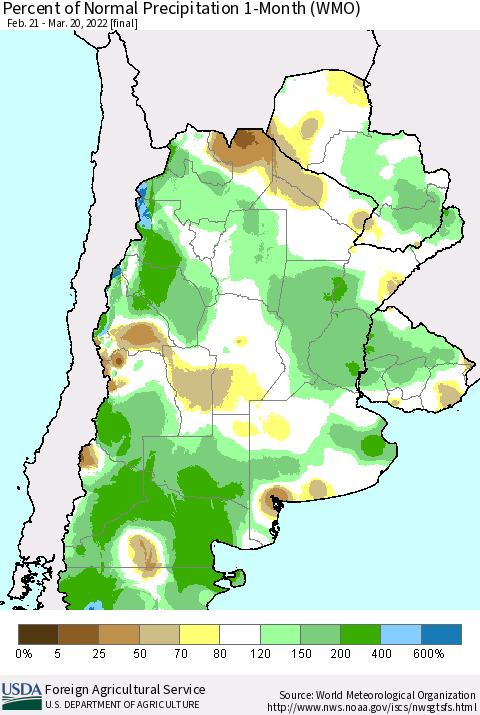 Southern South America Percent of Normal Precipitation 1-Month (WMO) Thematic Map For 2/21/2022 - 3/20/2022