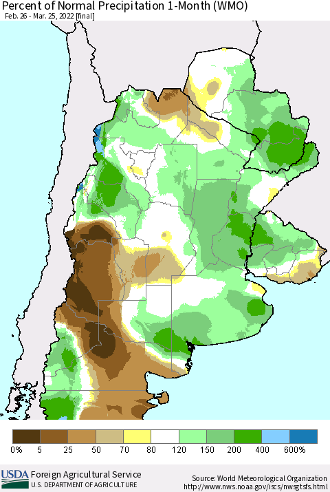 Southern South America Percent of Normal Precipitation 1-Month (WMO) Thematic Map For 2/26/2022 - 3/25/2022