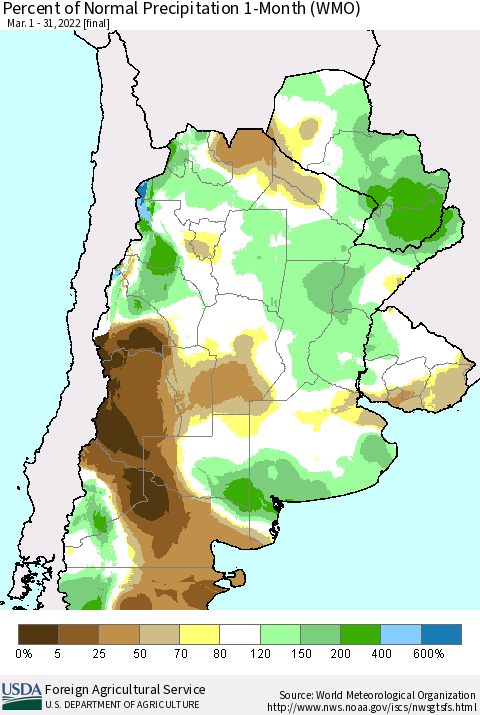 Southern South America Percent of Normal Precipitation 1-Month (WMO) Thematic Map For 3/1/2022 - 3/31/2022