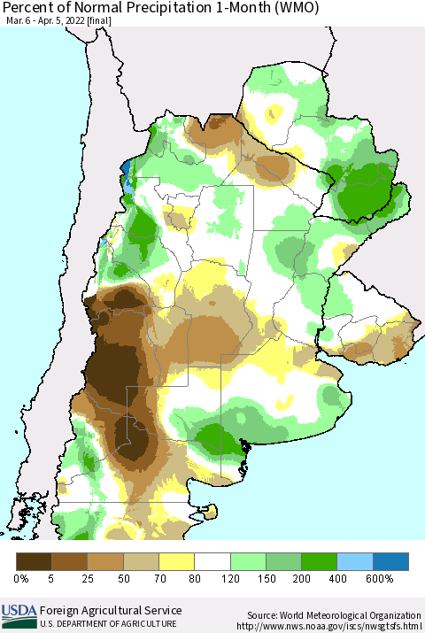 Southern South America Percent of Normal Precipitation 1-Month (WMO) Thematic Map For 3/6/2022 - 4/5/2022