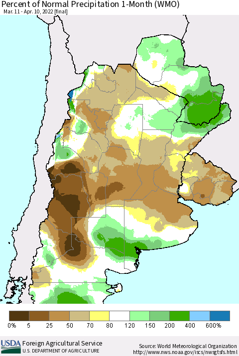 Southern South America Percent of Normal Precipitation 1-Month (WMO) Thematic Map For 3/11/2022 - 4/10/2022