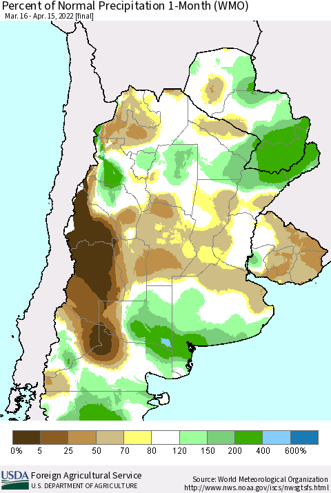 Southern South America Percent of Normal Precipitation 1-Month (WMO) Thematic Map For 3/16/2022 - 4/15/2022