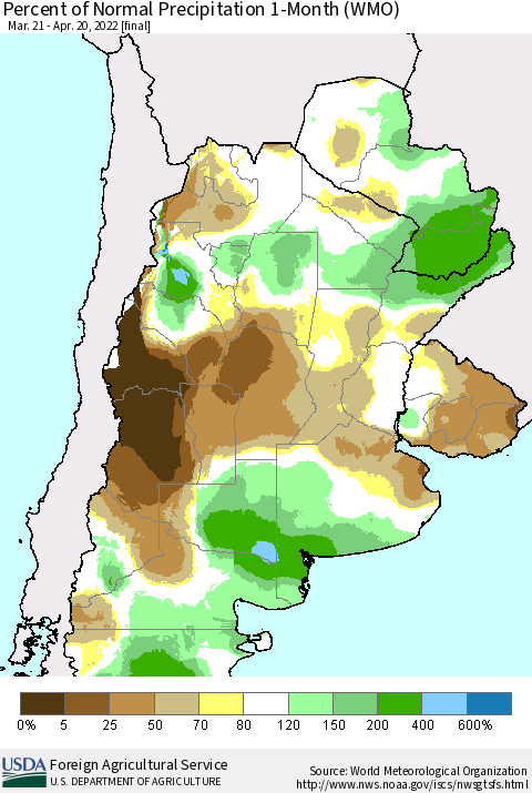Southern South America Percent of Normal Precipitation 1-Month (WMO) Thematic Map For 3/21/2022 - 4/20/2022