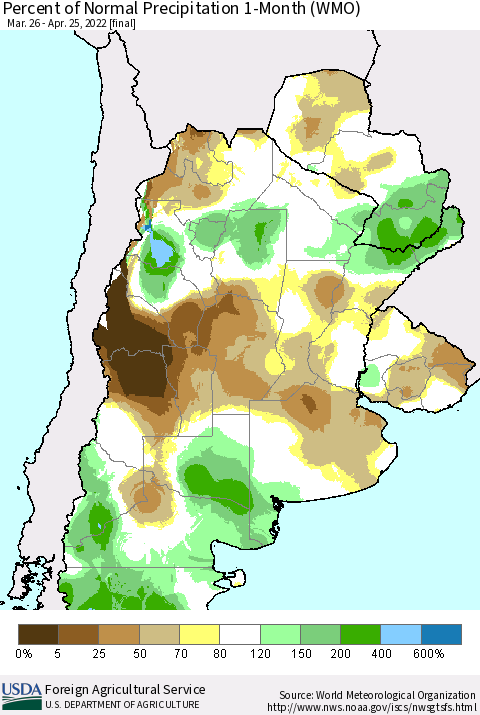 Southern South America Percent of Normal Precipitation 1-Month (WMO) Thematic Map For 3/26/2022 - 4/25/2022