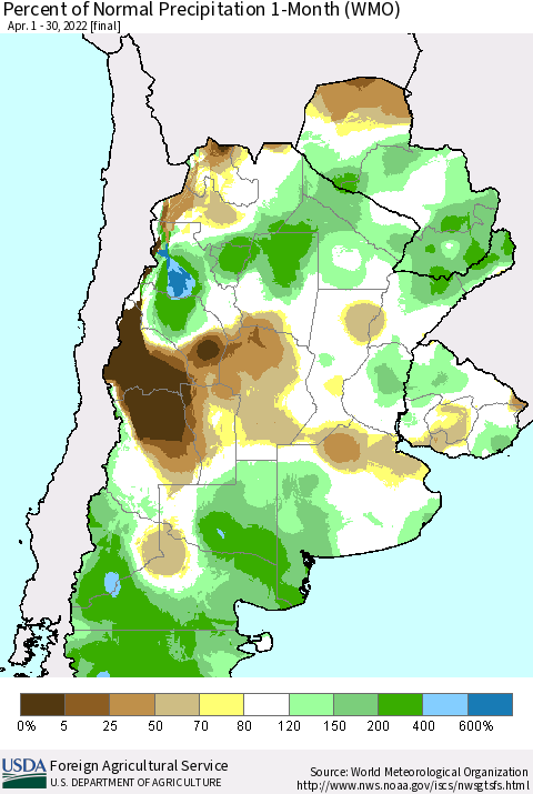 Southern South America Percent of Normal Precipitation 1-Month (WMO) Thematic Map For 4/1/2022 - 4/30/2022