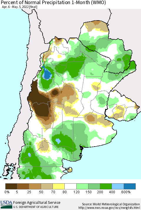 Southern South America Percent of Normal Precipitation 1-Month (WMO) Thematic Map For 4/6/2022 - 5/5/2022