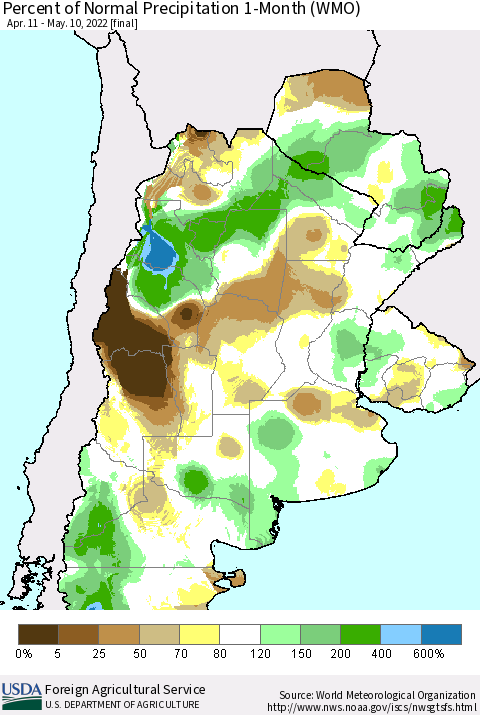 Southern South America Percent of Normal Precipitation 1-Month (WMO) Thematic Map For 4/11/2022 - 5/10/2022