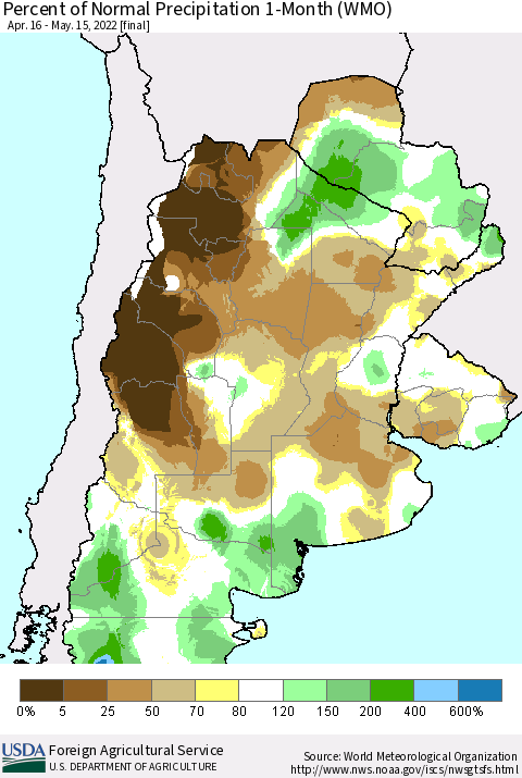Southern South America Percent of Normal Precipitation 1-Month (WMO) Thematic Map For 4/16/2022 - 5/15/2022