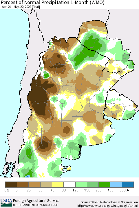 Southern South America Percent of Normal Precipitation 1-Month (WMO) Thematic Map For 4/21/2022 - 5/20/2022