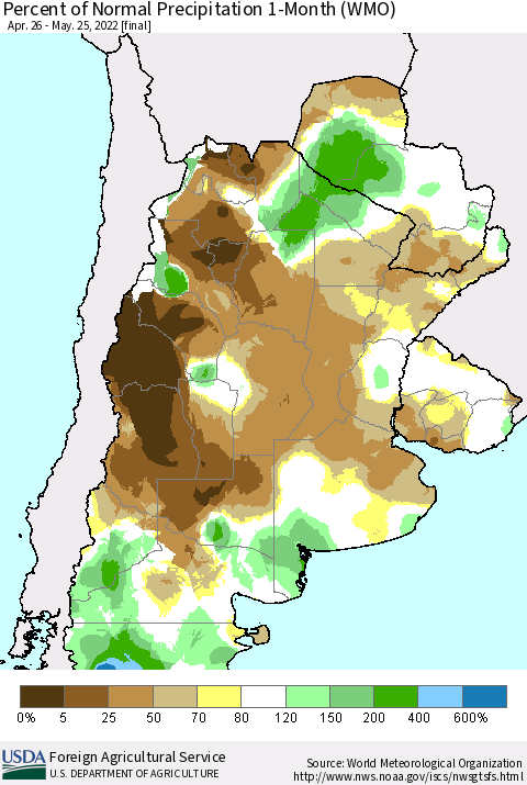 Southern South America Percent of Normal Precipitation 1-Month (WMO) Thematic Map For 4/26/2022 - 5/25/2022
