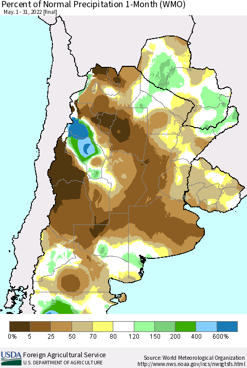 Southern South America Percent of Normal Precipitation 1-Month (WMO) Thematic Map For 5/1/2022 - 5/31/2022