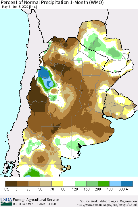 Southern South America Percent of Normal Precipitation 1-Month (WMO) Thematic Map For 5/6/2022 - 6/5/2022