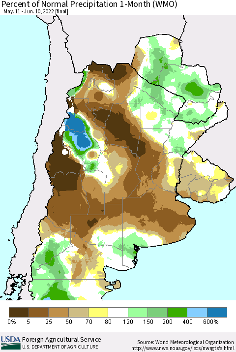 Southern South America Percent of Normal Precipitation 1-Month (WMO) Thematic Map For 5/11/2022 - 6/10/2022
