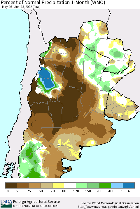 Southern South America Percent of Normal Precipitation 1-Month (WMO) Thematic Map For 5/16/2022 - 6/15/2022