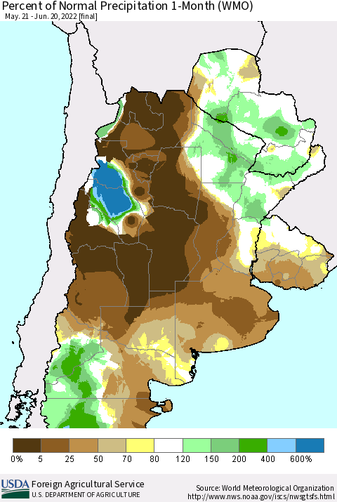 Southern South America Percent of Normal Precipitation 1-Month (WMO) Thematic Map For 5/21/2022 - 6/20/2022