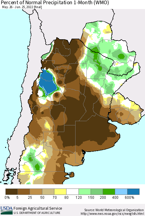 Southern South America Percent of Normal Precipitation 1-Month (WMO) Thematic Map For 5/26/2022 - 6/25/2022