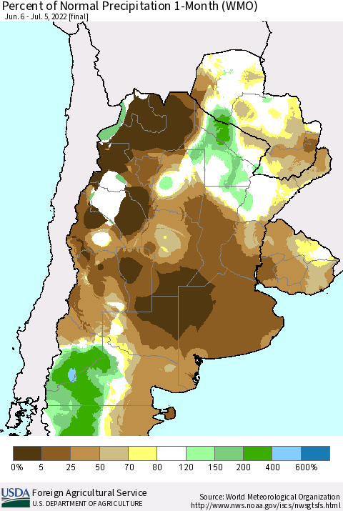 Southern South America Percent of Normal Precipitation 1-Month (WMO) Thematic Map For 6/6/2022 - 7/5/2022