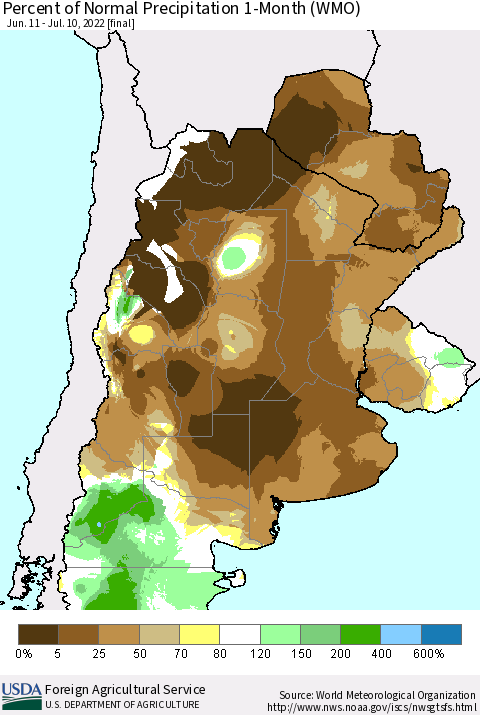 Southern South America Percent of Normal Precipitation 1-Month (WMO) Thematic Map For 6/11/2022 - 7/10/2022