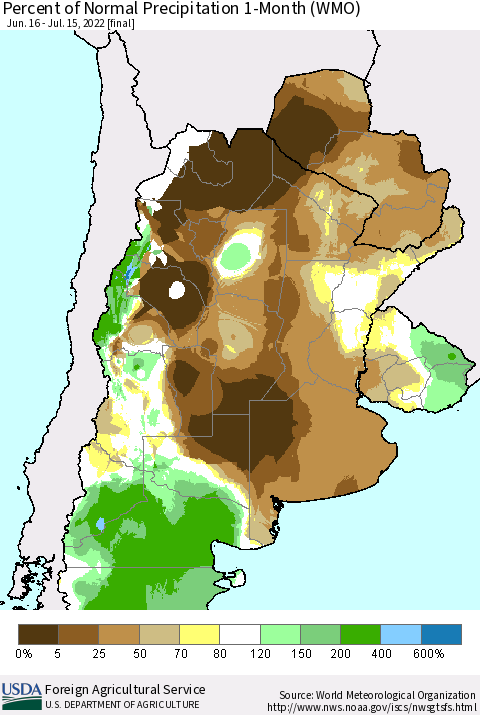 Southern South America Percent of Normal Precipitation 1-Month (WMO) Thematic Map For 6/16/2022 - 7/15/2022