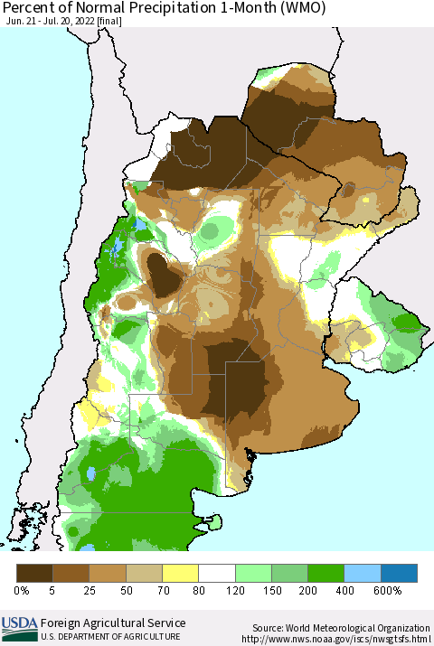 Southern South America Percent of Normal Precipitation 1-Month (WMO) Thematic Map For 6/21/2022 - 7/20/2022