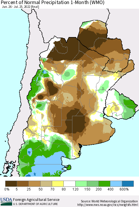 Southern South America Percent of Normal Precipitation 1-Month (WMO) Thematic Map For 6/26/2022 - 7/25/2022