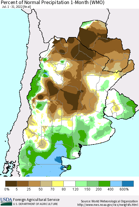 Southern South America Percent of Normal Precipitation 1-Month (WMO) Thematic Map For 7/1/2022 - 7/31/2022