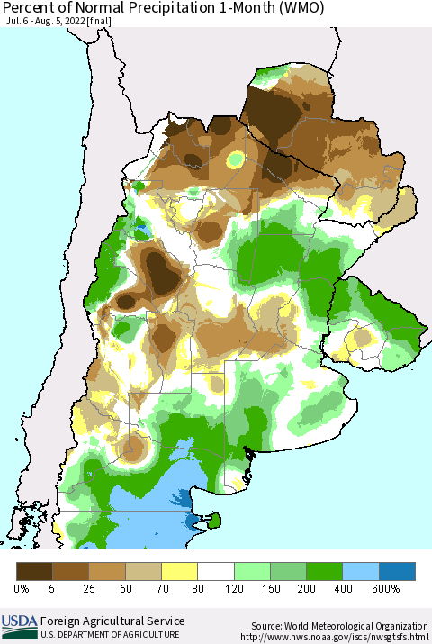Southern South America Percent of Normal Precipitation 1-Month (WMO) Thematic Map For 7/6/2022 - 8/5/2022