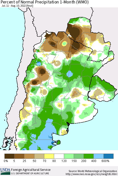 Southern South America Percent of Normal Precipitation 1-Month (WMO) Thematic Map For 7/11/2022 - 8/10/2022