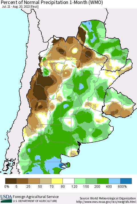 Southern South America Percent of Normal Precipitation 1-Month (WMO) Thematic Map For 7/21/2022 - 8/20/2022