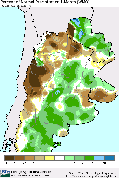 Southern South America Percent of Normal Precipitation 1-Month (WMO) Thematic Map For 7/26/2022 - 8/25/2022
