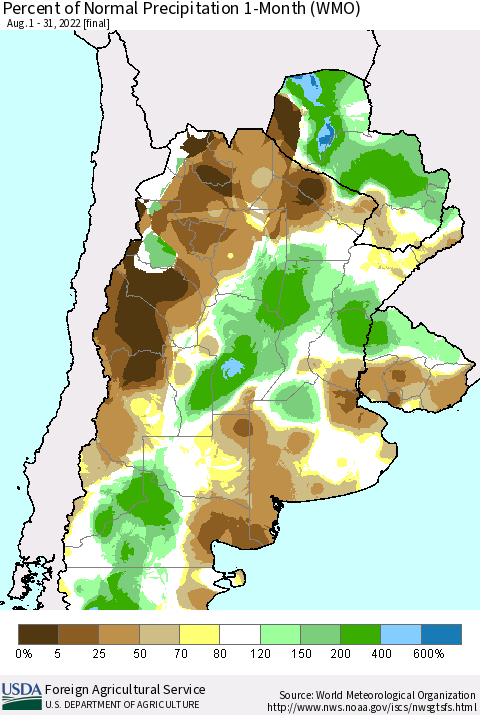 Southern South America Percent of Normal Precipitation 1-Month (WMO) Thematic Map For 8/1/2022 - 8/31/2022