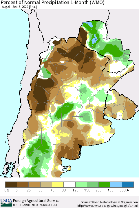 Southern South America Percent of Normal Precipitation 1-Month (WMO) Thematic Map For 8/6/2022 - 9/5/2022