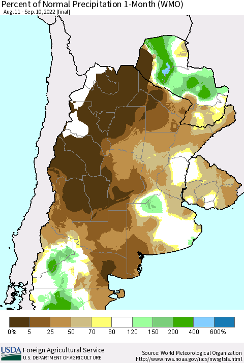 Southern South America Percent of Normal Precipitation 1-Month (WMO) Thematic Map For 8/11/2022 - 9/10/2022