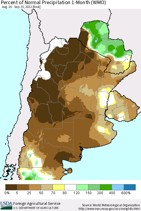 Southern South America Percent of Normal Precipitation 1-Month (WMO) Thematic Map For 8/16/2022 - 9/15/2022