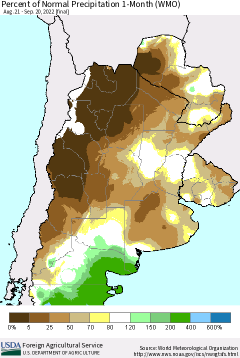 Southern South America Percent of Normal Precipitation 1-Month (WMO) Thematic Map For 8/21/2022 - 9/20/2022